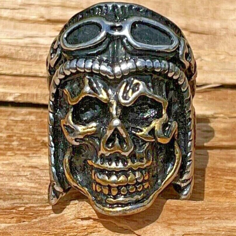 Badass Large Biker Gang Skull Silver & Gold Steel Ring - Various Sizes